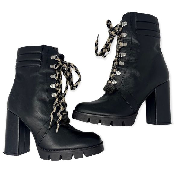 Zara Shoes - Zara Black Leather Chunky Heel Lace Up Boots Size 8